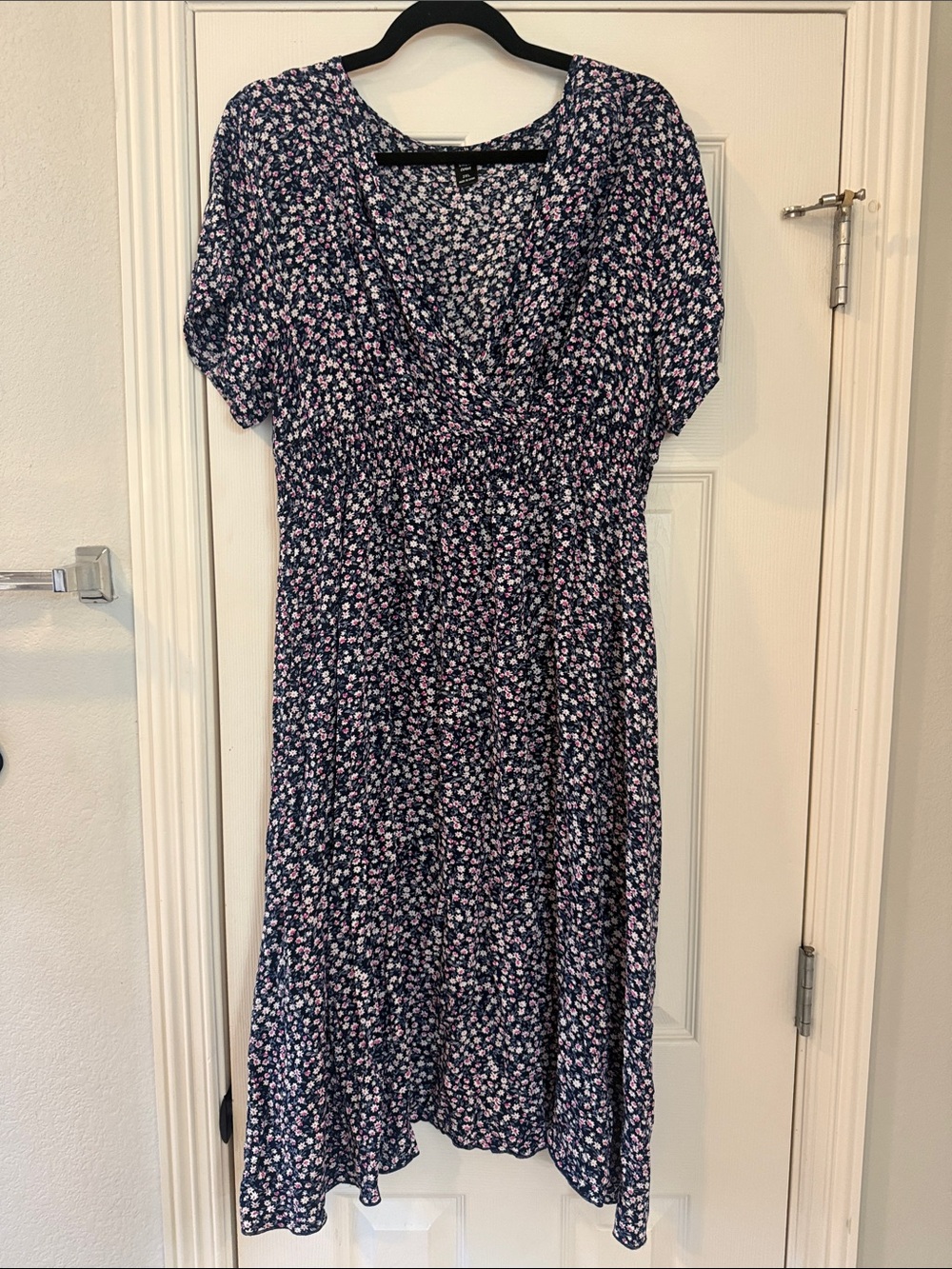 Women's Navy Floral Midi Dress with Pink Accent